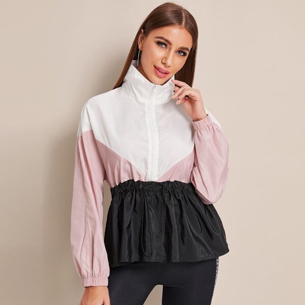 

Drawstring Waist Cut-and-sew Windbreaker Jacket, Multicolor