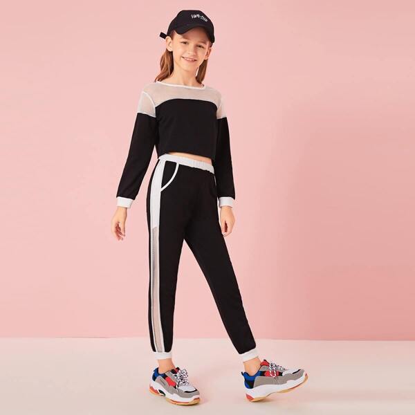 

Girls Fishnet Mesh Yoke Two Tone Pullover and Sweatpants Set, Black