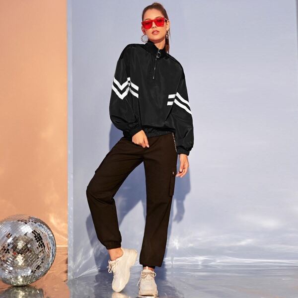 

Half Zipper Front Chevron Print Jacket, Black