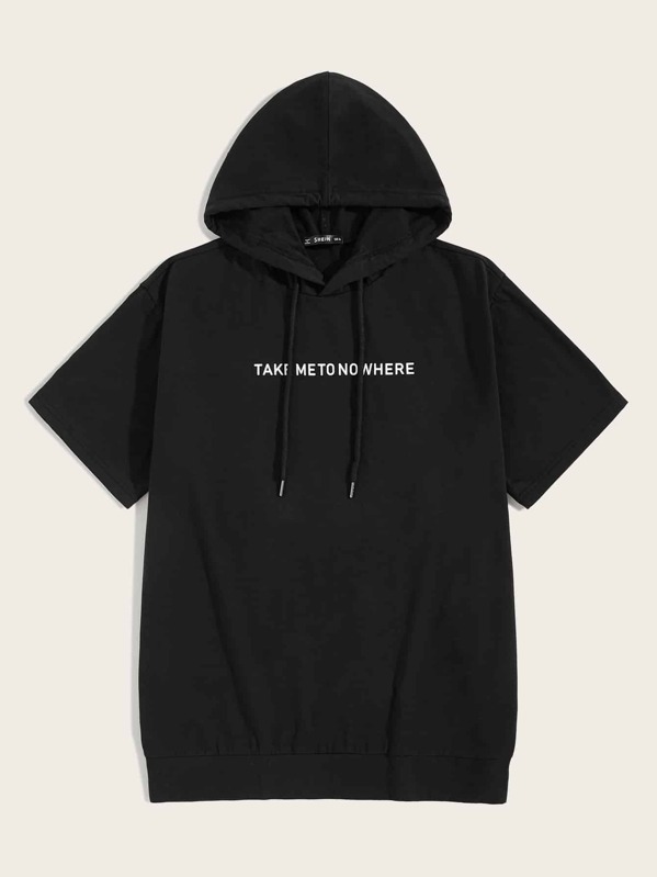 

Men Slogan Print Drawstring Hoodie, Black