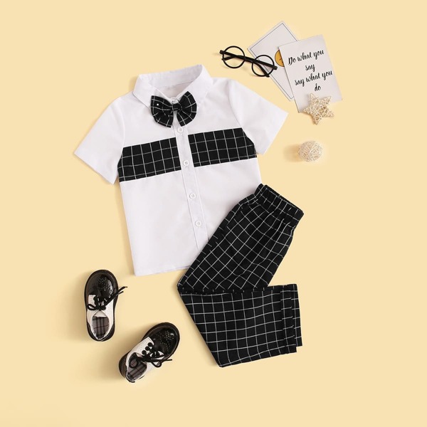 

Toddler Boys Contrast Panel Bow Shirt & Plaid Pants