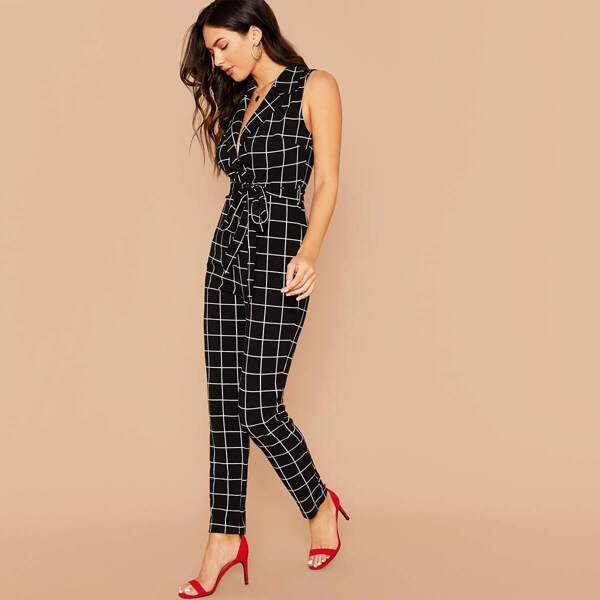 

Grid Print Belted Blazer Jumpsuit, Black