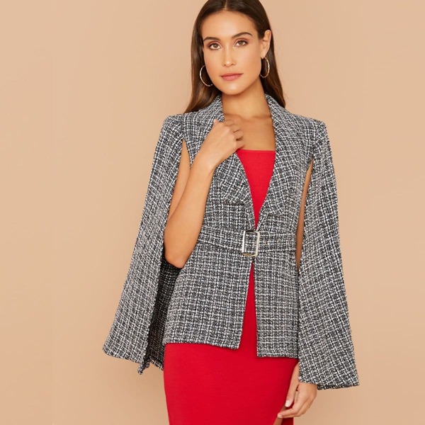 

Shawl Collar Buckle Belted Tweed Cape Blazer, Black and white