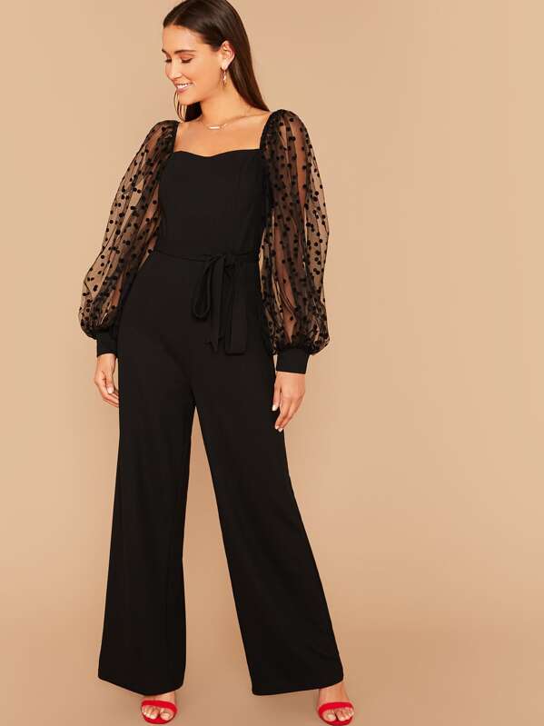 

Dobby Mesh Lantern Sleeve Belted Wide Leg Jumpsuit, Black, Anna Herrin