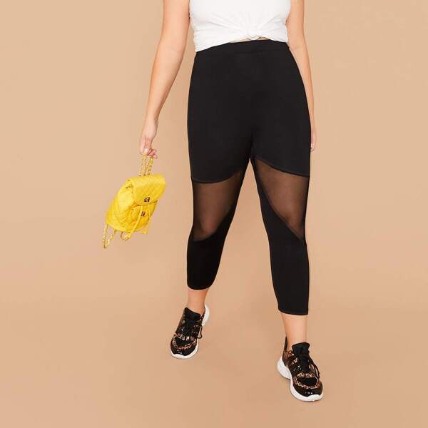 

Plus High Waist Mesh Insert Crop Leggings, Black