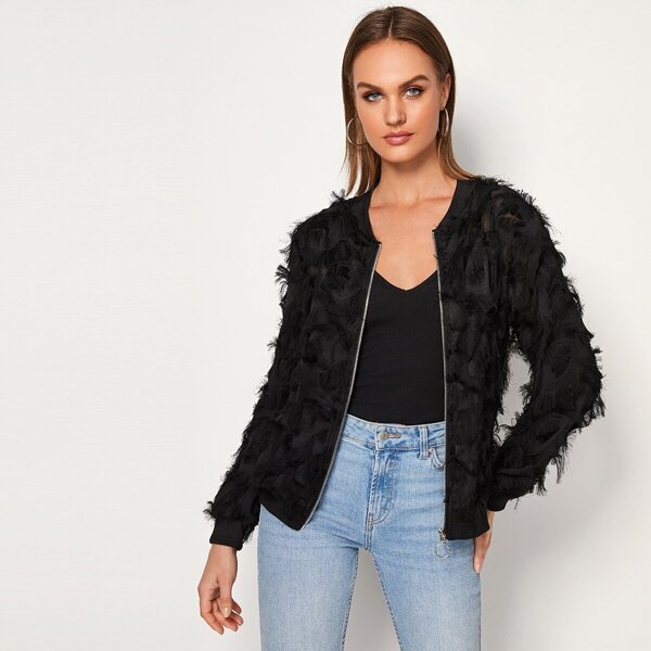 

Fringe Overlay Zip Up Sheer Bomber Jacket, Black