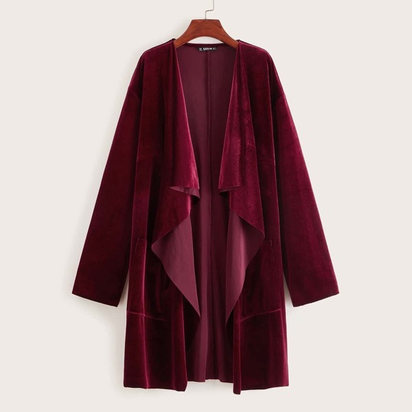 

Waterfall Neck Pocket Detail Velvet Coat
