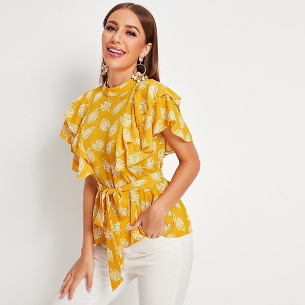 

Mock-neck Layered Butterfly Sleeve Self Belted Top, Yellow bright