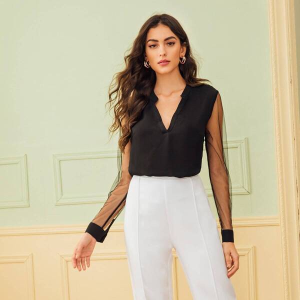 

Mesh Sheer Sleeve Solid Top, Black