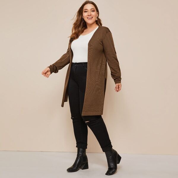 

Plus Open Front Split Hem Cardigan, Brown