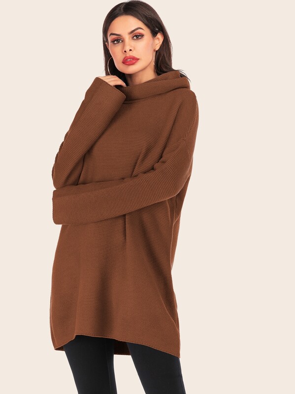 

Solid High Neck Drop Shoulder Sweater, Brown, Andy