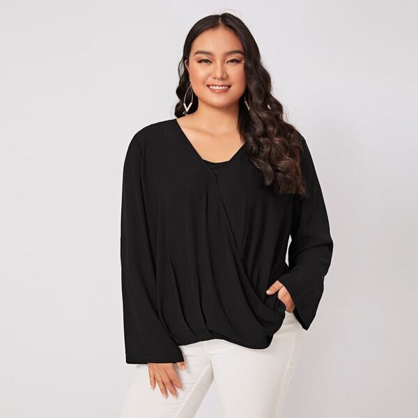 

Plus Surplice Neck High-low Hem Blouse, Black