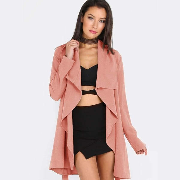 

Waterfall Collar Coat With Belt, Pink pastel