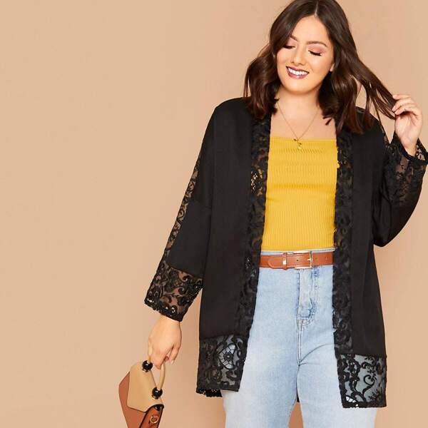 

Plus Open Front Embroidered Mesh Coat