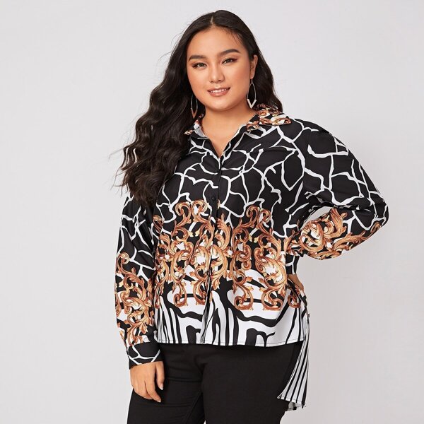 

Plus Scarf Print Dip Hem Shirt, Multicolor