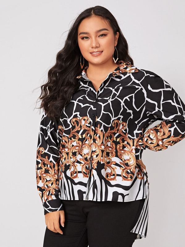 

Plus Scarf Print Dip Hem Shirt, Multicolor, Ma Tian
