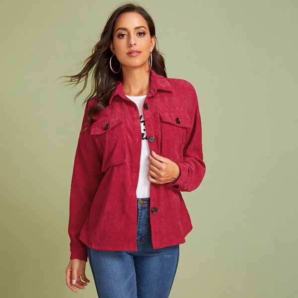 

Button Front Flap Pocket Detail Corduroy Coat, Burgundy