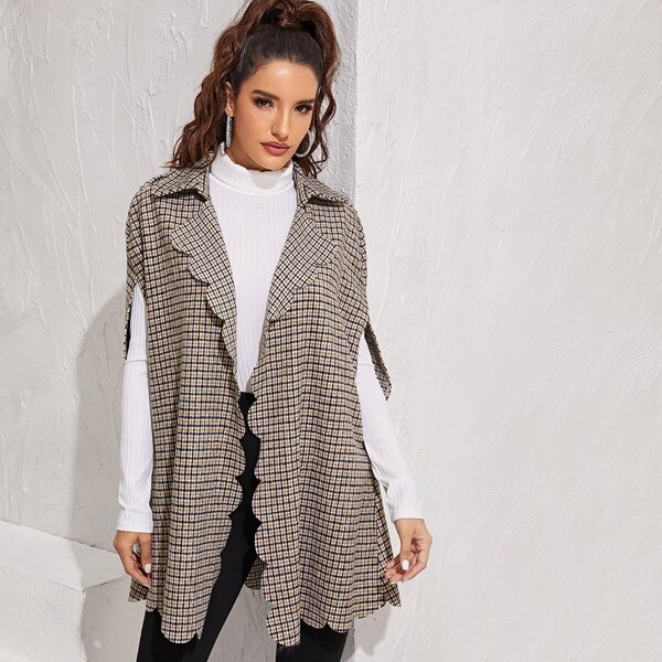

Notched Collar Scallop Trim Plaid Cape Coat, Multicolor