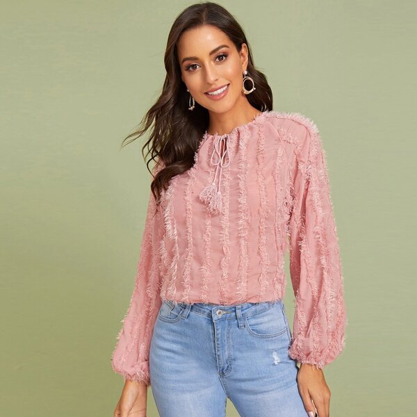 

Tie Neck Raglan Sleeve Fuzzy Top, Pink pastel