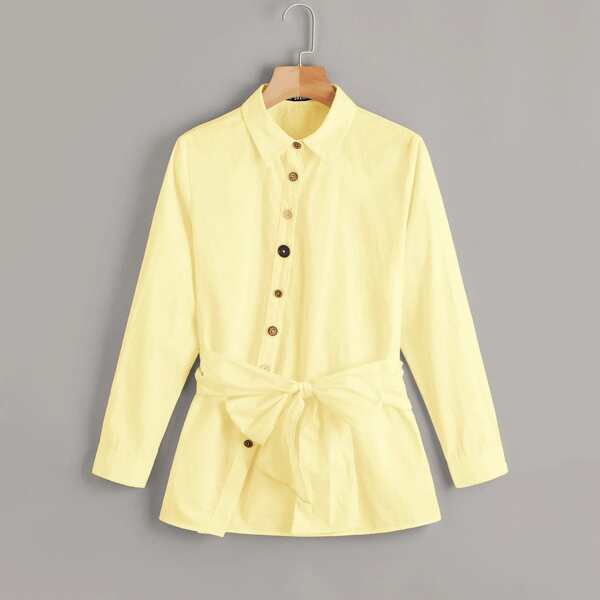 

Plus Single Breasted Tie Front Shirt, Yellow pastel