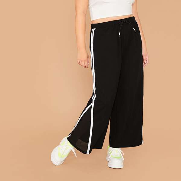 

Plus Striped Tape Drawstring Waist Wide Leg Pants, Black