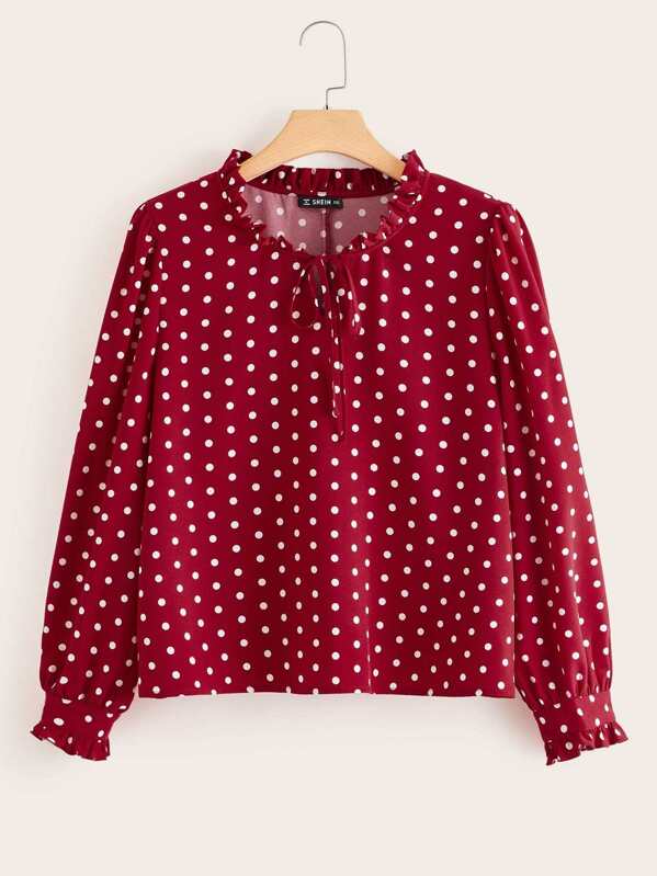 

Plus Polka Dot Frill Trim Tie Neck Top, Burgundy