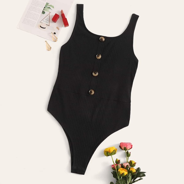 

Plus Button Front Rib-knit Bodysuit