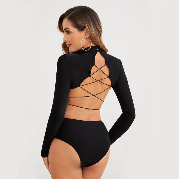 

Crisscross Open Back Fitted Bodysuit, Black