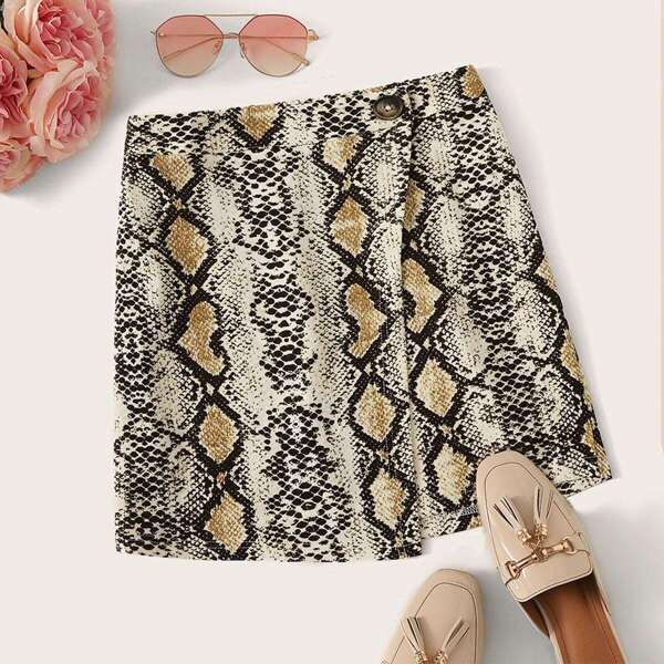 

Snakeskin Print Asymmetrical Hem Skirt, Multicolor