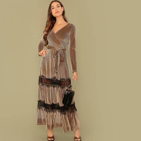 

Surplice Neck Eyelash Lace Insert Rib-knit Velvet Dress, Brown