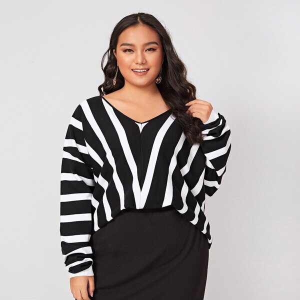 

Plus Drop Shoulder Striped Pattern Sweater, Black and white