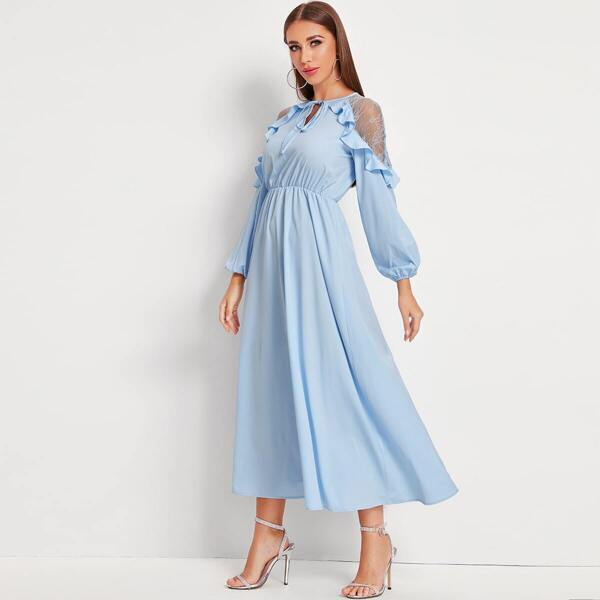 

Tie Neck Lace Insert Ruffle Trim Dress, Blue pastel