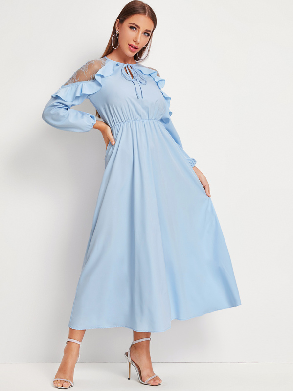 

Tie Neck Lace Insert Ruffle Trim Dress, Blue, Hanna