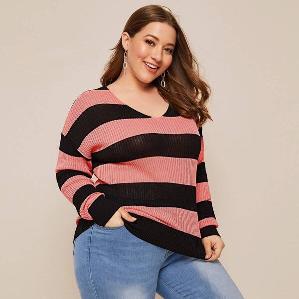 

Plus V-neck Two Tone Sweater, Multicolor
