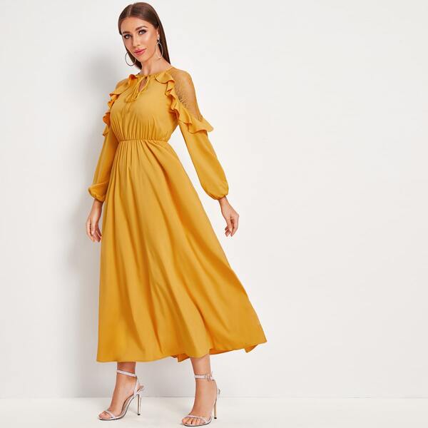 

Tie Neck Lace Insert Ruffle Trim Dress, Yellow