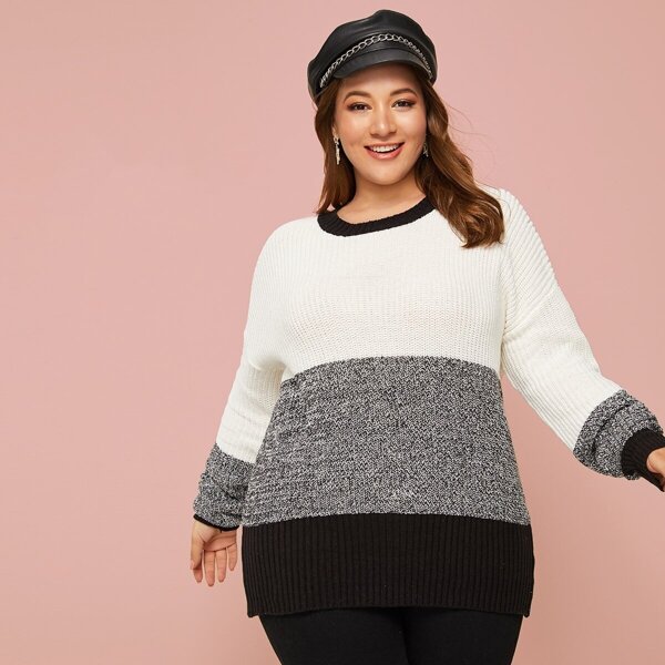 

Plus Marled Panel Cut-and-sew Sweater, Black and white