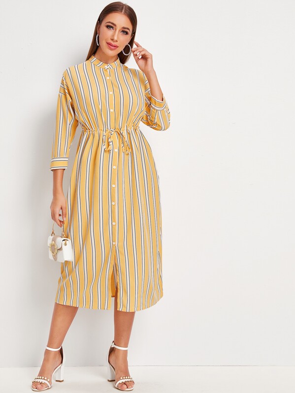 

Drop Shoulder Drawstring Waist Striped Shirt Dress, Yellow, Hanna