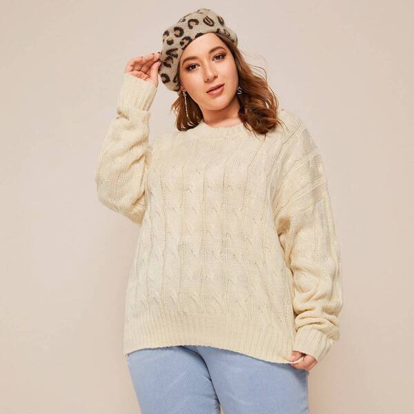 

Plus Drop Shoulder Cable Knit Sweater, Beige pastel