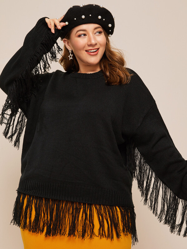 

Plus Fringe Detail Sweater, Black, Ray