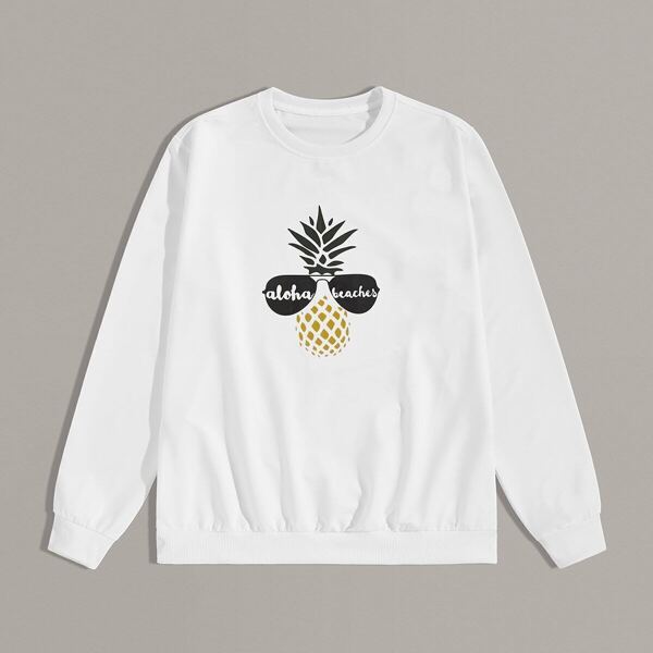 

Men Pineapple Print Round Neck Sweatshirt, White
