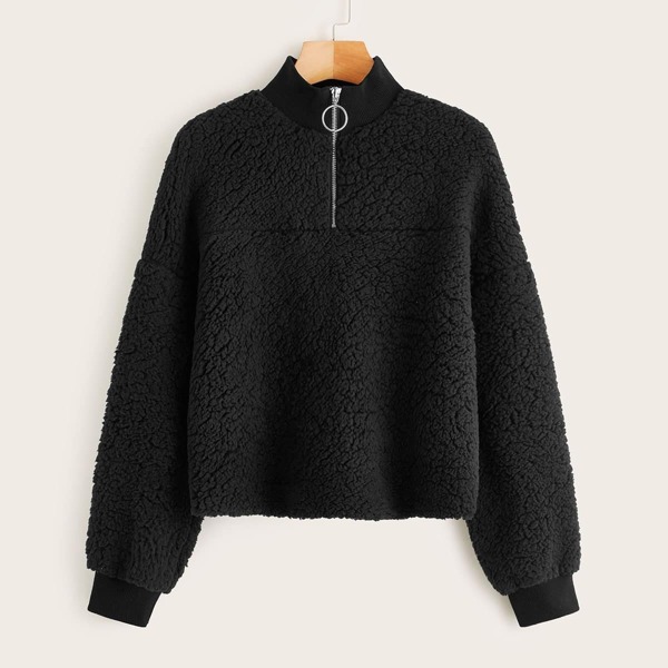 

Zip Half Placket Teddy Sweatshirt, Black