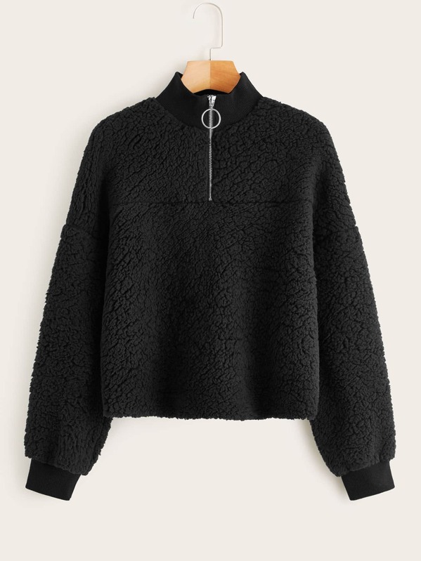 

Zip Half Placket Teddy Sweatshirt, Black