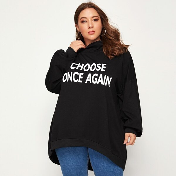 

Plus High Neck Slogan Graphic Oversized Pullover, Black