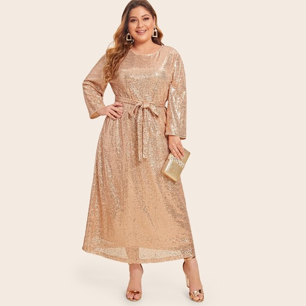 

Plus Self Belted Sequin Dress, Gold