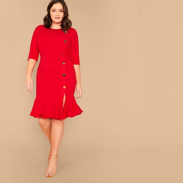 

Plus Single Breasted Fishtail Hem Dress, Red bright