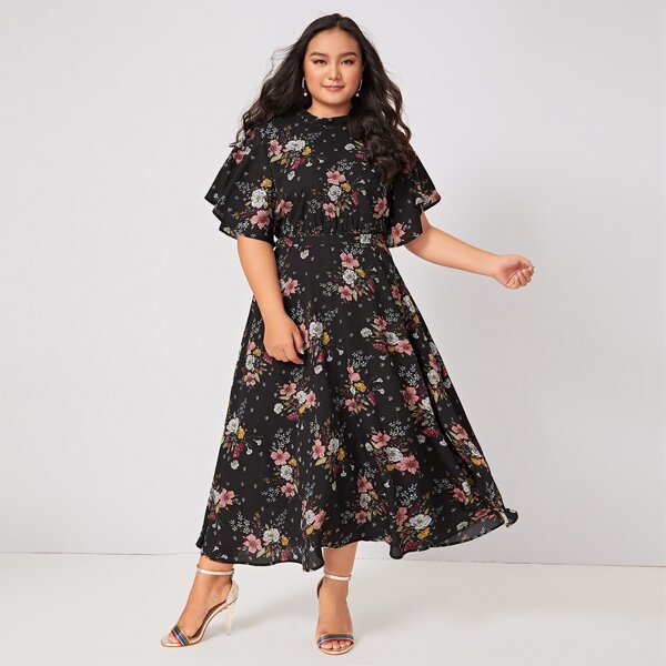 

Plus Floral Print Tie Backless Belted Flare Dress, Black