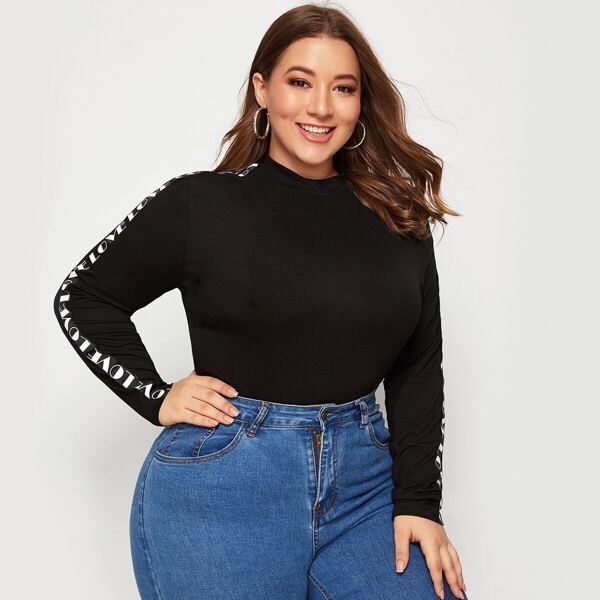 

Plus Mock-Neck Letter Tape Sleeve Top