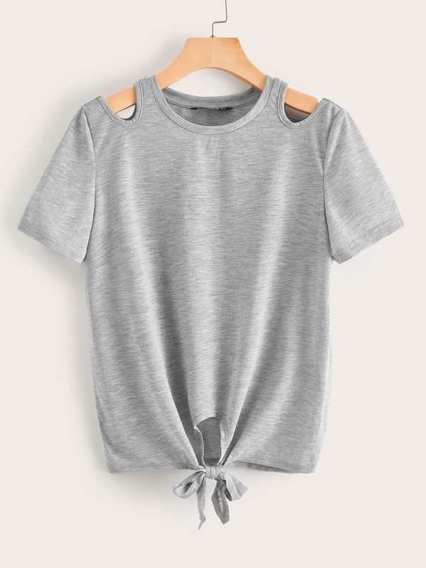 

Cutout Detail Tie Hem Heather Grey Tee