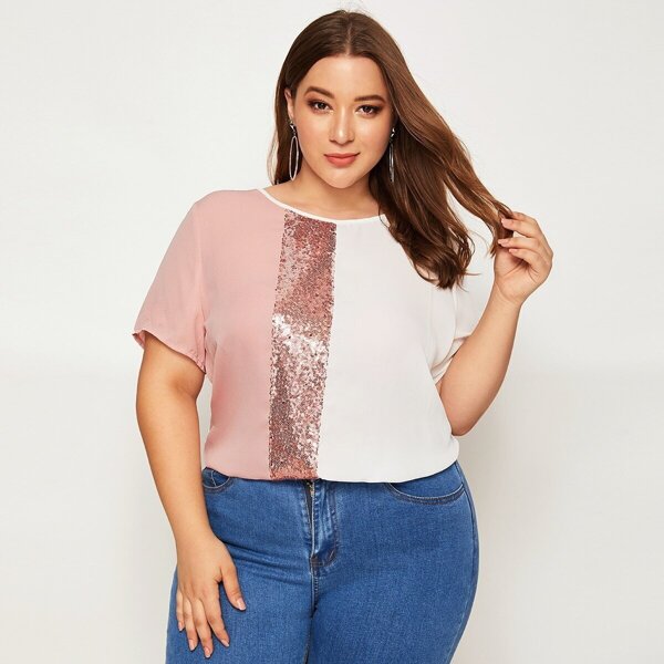 

Plus Sequin Panel Colorblock Top, White