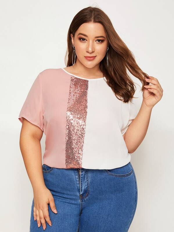 

Plus Sequin Panel Colorblock Top, White, Ray